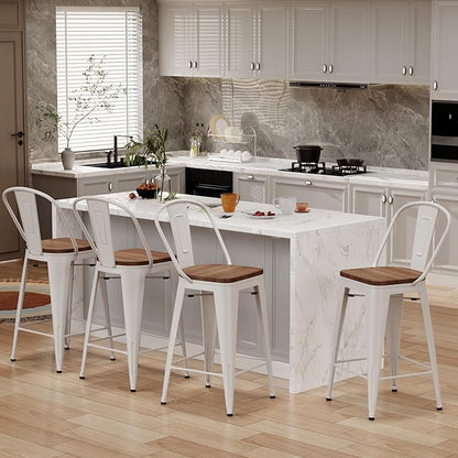 Changjie Furniture 30 Inches Metal Barstools Set of 4 Counter Height Bar Stools Industrial Stools with Backs High Back Chairs for Kitchen Island (30 Inch, White)
