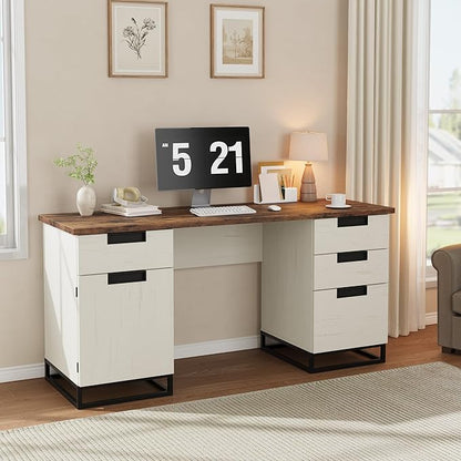 Garvee 59" Farmhouse Executive Desk, Home Office Desk with File Drawer and Storage Cabinet, Wooden Computer Table with 3 Drawers for Work and Study (Vintage)