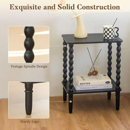 Black Side Table, Small End Table with 2-Tier Shelf, Vintage Night Stand with Storage for Bedroom Living Room, Small Spaces (Black)