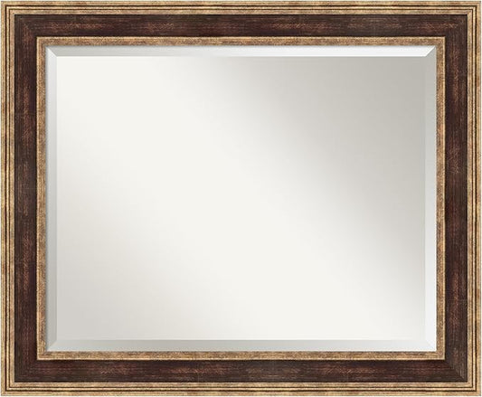 Amanti Art Bronze Bathroom Mirror for Over Sink, 28x34 Ridge Light Bronze Rectangle Vanity Mirror, Large Traditional Frame, Hangs Horizonally and Vertically, Bathroom Wall Decor, Beveled Edge
