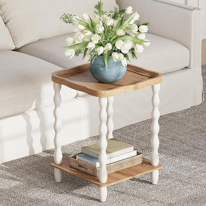 karlott End Table, 2-Tier Farmhouse Side Table, 18.9'' Handcrafted Weathered Wooden Nightstand Table, Pine Leg, Square Arc Small End Tables for Living Room, Small Space, Bedroom, Boho, Easy Assembly