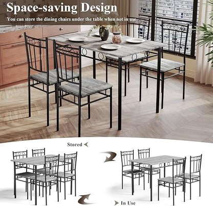 5 Piece Dining Table Set, Modern Metal&Wood Kitchen Dinner Table with 4 Chairs, Dining Room Table Sets for Small Spaces, Gray