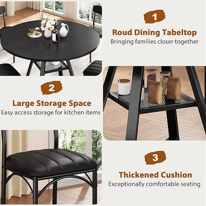 Round Dining Table Set for 4, Kitchen Table and Chairs for 4, Circle Table Round Pedestal Dining Room Dinner Dinette Table Set,5 Piece Space Saving Wood Kitchen & Dining Room Tables (Black, 42In)