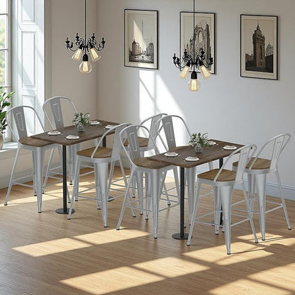 Metal Bar Stools Set of 4, High Back Bar Stools with Wooden Seat, 30 inch Silver Barstools for Kitchen Island
