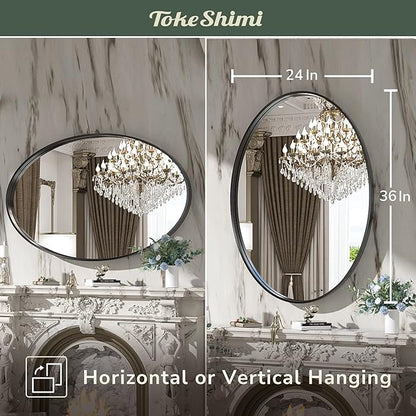 TokeShimi Black Oval Mirrors for Wall Decor 24x36 Inch with Non-Rusting Aluminum Alloy Brushed Matte Framed Wall Mounted for Bathroom, Entryway, Living Room, Bedroom,Vanity or Horizontal