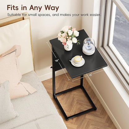 VAGUSICC C Shaped End Table, 33"Tall Side Table for Couch, Adjustable Height Sofa Table Small Couch Side Tables, Laptop Recliner Tables Slide Under Sofa TV Tray Arm Table for Living Room Bedroom,Black
