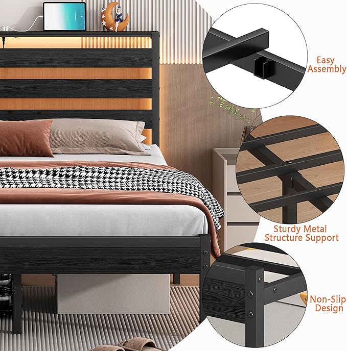 14 Inch Classic Metal Platform Bed Frame-Queen Bed Frame with Headboard,Steel Slats Support-LED Bed Frame with USB Charging Station,Under Bed Storage,No Box Spring Needed,Noise Free