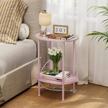 Small Round Side Table with Charging Station,Bedside Table with 2 USB Ports and Outlets, Morden Round Nightstand, Samll Side Table for Living Room,Bedroom, Nursery, Laundry, Pink