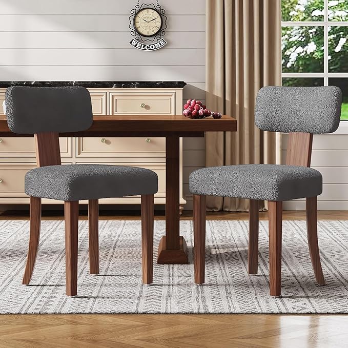 Farmhouse Chair Set of 2, Mid Century Modern Dining Chairs, Sherpa Upholstered Kitchen Chairs with Curved Backrest & Adjustable Legs for Living Room/Bedroom, Easy to Install, Grey Sherpa