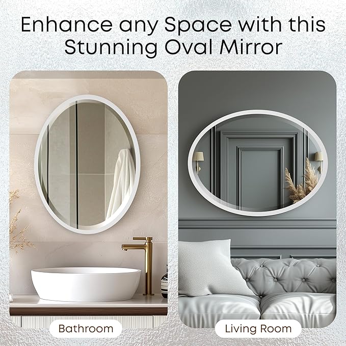 OVALCREST - Oval Wooden Beveled Wall Mirror for Home Decor, Bathroom, Vanity, Bedroom, Living Room, Hallway - London Style (Linen White) 17.1 x 21.1