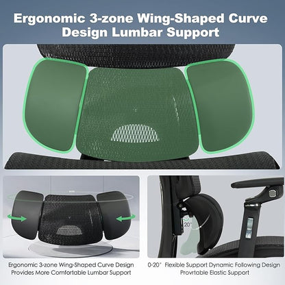 Ergonomic Mesh Office & Gaming Chair with Footrest, High Back Home Office Desk Chair, Comfortable 3D Lumbar Support, 130° Tilt, Adjustable Seat Depth, Adjustable 6D Armrest & 3D Headrest