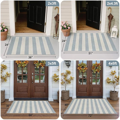 OJIA Front Door Mats Outdoor 24"x36" Machine Washable Indoor Outdoor Rugs Doormat Cotton Woven Entry Rug Striped Small Area Rugs for Front Porch/Bathroom/Farmhouse/Home Entrance (Blue/White/Tan)