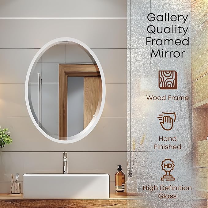 OVALCREST - Oval Wooden Beveled Wall Mirror for Home Decor, Bathroom, Vanity, Bedroom, Living Room, Hallway - London Style (Linen White) 13.1 x 17.1