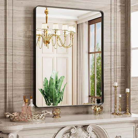 Black Bathroom Mirror 20X30 Inch, Black Metal Framed Mirror for Wall, Rounded Rectangle Matte Bathroom Vanity Mirror with Tempered Glass, Anti-Rust, Horizontal/Vertical
