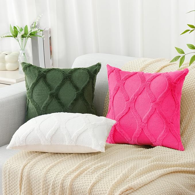 decorUhome Throw Pillow Covers 16x16 Inch Set of 2, Soft Plush Faux Fur Wool Hot Pink Couch Pillow Covers, Decorative Neutral Pillow Cases for Bed Sofa Living Room Home Decor