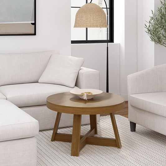 Plank+Beam Classic Round Coffee Table, 30 Inch Farmhouse Coffee Table, Rustic Mini Center Tables for Small Spaces, Small Living Space Tea Table, Pecan Wirebrush