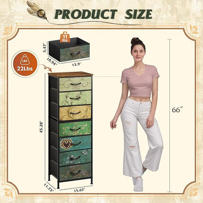 WLIVE Tall Dresser for Bedroom, 7 Drawer Dressers & Chests of Drawers, Fabric Dresser for Closet, Living Room, Night Stand with Metal Frame, Storage Tower with Fabric Bins, Wood Top, Floral Painted