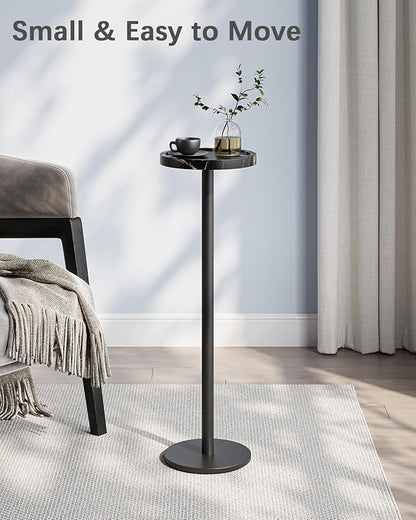 Drink Table, Small Pedestal Side Table, Round Cocktail Table, Circle End Table with Metal Base, for Small Spaces, Faux Marble, Black