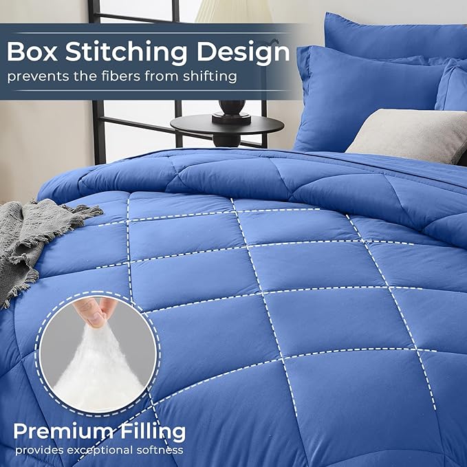 HEVUMYI Royal Blue Queen Comforter Set - 7-Piece All Season Bed in a Bag Queen, Ultra Soft Bedding Set with Comforter, Flat Sheet, Fitted Sheet, Pillowcases, Pillow Shams