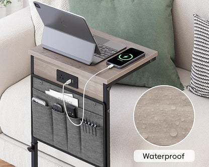 Vagusicc C Shaped End Table with Charging Station, 33" Tall Side Table for Couch, C Table Adjustable Height Small Couch Side Table, Slide Under Sofa Table TV Tray Arm Table for Living Room, Greige