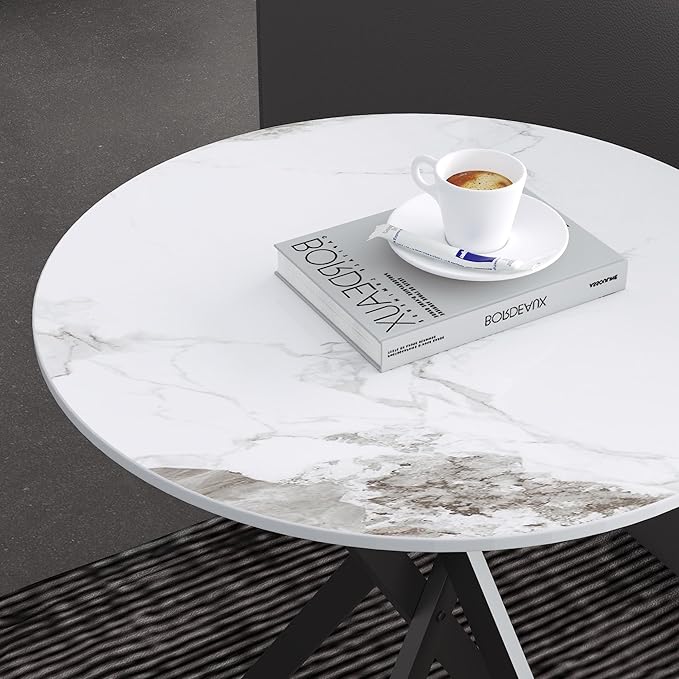 Small Round Marble Side Coffee Table with Metal Legs, Sintered Stone White Modern End Table for Living Room Sofa Home Bed Office (1 Piece, 20"×20"×18")