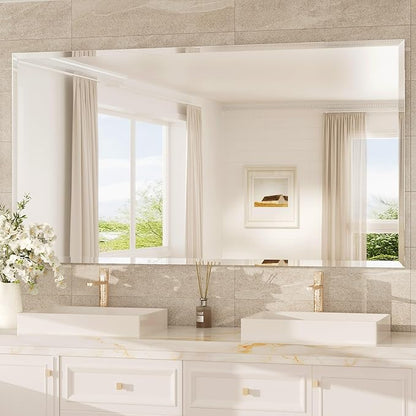 TokeShimi 60x36 Frameless Beveled Bathroom Mirror Rectangle, Tempered Rectangle Bathroom Vanity Mirror with 1" Beveled Edge, Shatterproof Modern Mirrored Wall Mounted for Living Room, Restroom