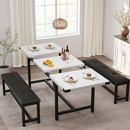 3-Piece Dining Table Set for 4-6 People, Extendable Kitchen Table Set with 2 Upholstered Benches, Dining Room Table Set for Apartment, Kitchen, Living Room, Marble White
