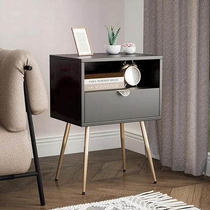 Cloud Space Mid Century Modern Nightstand, Black Nightstand with Drawer and Shelf, Versatile Wood Side End Table for Living Room, Lounge, Sturdy Construction, Easy Assembly