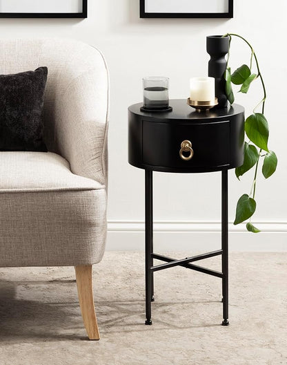 Kate and Laurel Decklyn Decorative Glam Round Side Table, 14 x 14 x 24, Black and Gold, Modern Circle Living Room Table with Pull Drawer for Useful Storage