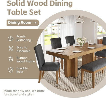Ball & Cast 6 Piece Farmhouse Dining Table Set with Extendable Table,4 Upholstered Chairs & 1 Bench,Wooden Kitchen Table Set of 6,Backrest Chair with Table & Upholstery-Bench,for Dining Room,Gray