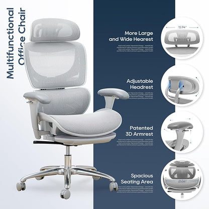COLAMY Ergonomic Mesh Office Chair with Footrest, Executive High Back Computer Desk Chair with Wide Headrest and Adjustable 3D Arms, Backrest Height, Tilt Lock and Lumbar Support, Grey