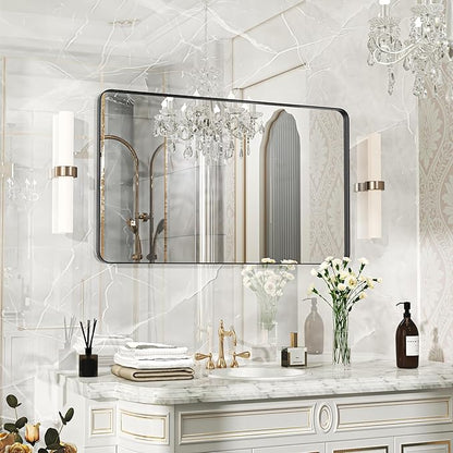 40×24 Black Bathroom Mirror, Rectangular Bathroom Vanity Mirror for Wall with Rounded Corners & Aluminum Alloy Frame, Tempered-Glass, Modern, Farmhouse, Horizontal/Vertical, Entryway, Bedroom