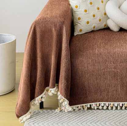 HANDONTIME Boho Style Sofa Cover with Tassels, Washable & Non-Slip Couch Cover for 3 Cushion Sofa, Herringbone Pattern Pet-Friendly Sofa Slipcover, Chocolate Color, 71"x118", Living Room Decor