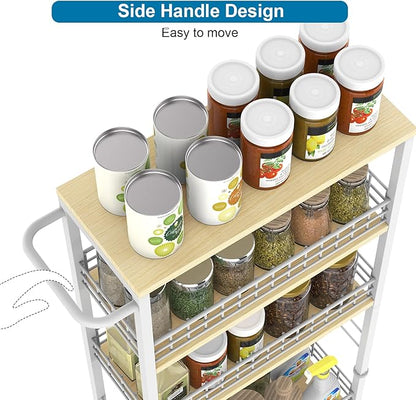 YBING Slim Storage Cart 4-Tier Rolling Kitchen Utility Cart White Narrow Laundry Storage Cart on Wheels and Wood Table Top Mobile Shelving Unit Organizer Trolley for Bathroom Small Space 7.3" W