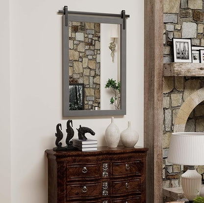 Farmhouse Wall Mirror, Rustic Wood Frame Bathroom Mirror Barn Door Inspired Decorative Vanity Dress Mirrors for Living Room Entryway, 18x26 INCH Gray Vertical