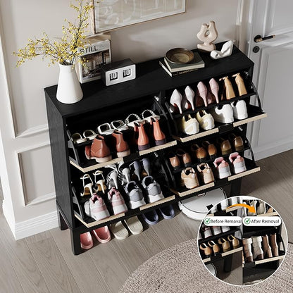GarveeHome Shoe Storage Cabinet with 4 Flip Drawers, Farmhouse Fluted Shoe Organizer with Metal Legs, Freestanding Hidden Slim Narrow Shoe Rack for Entryway, Foyer, Hallway