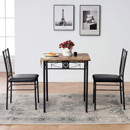 VECELO 3-Piece Dining Room Wooden Kitchen Table and Pu Cushion Chair Sets for Small Space, Retro Brown