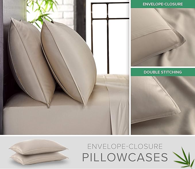 Full Sheets by Pure Bamboo, Genuine 100% Organic Viscose Derived from Bamboo Bed Sheet Set, Luxuriously Soft & Cooling, Double Stitching, Lifetime Quality Promise (Full, Sand)