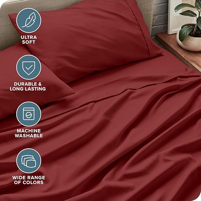 Bare Home Twin XL Sheet Set - 1800 Ultra-Soft Microfiber - Double Brushed - Deep Pockets - Easy Fit - 3 Piece Set - Bed Sheets (Twin XL, Rosewood)