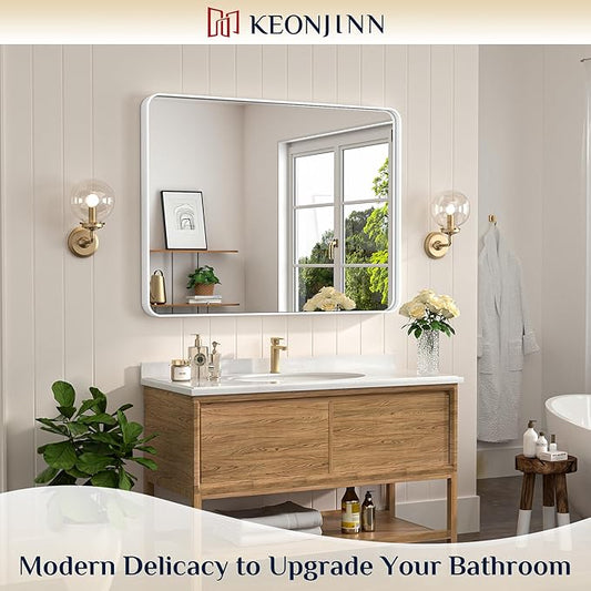 Keonjinn Matte White Bathroom Mirrors for Over Sink 40 x 30 Inch Large Rounded Rectangle Bathroom Mirror for Wall, Seamless Metal Frame Farmhouse Mirror, HD Tempered Glass(Horizontal/Vertical)