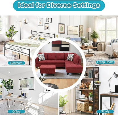 Couches for Living Room Modern L Shaped Couch Comfy Fluffy Fabric 3 Pieces Sectional Sofa with Chaise, Ottoman with Storage for Office and Small Apartment, Red