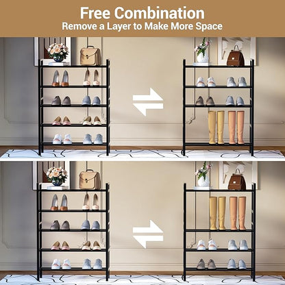 Haddockway Bamboo Shoe Rack for Closet, Free Standing Shoe Organizer with Smooth Round Rods & Convenient Handles, Stackable Shoe Storage Shelf for Entryway, Hallway(Black, 5-Tier(Small))