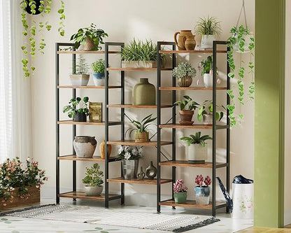 Casaottima Triple 5 Tier Bookshelf, Large Bookcase with 14 Open Display Shelves, Modern Industrial Book Shelves Book Case for Bedroom, Wide Standing Shelving Unit for Living Room Home Office, Vintage