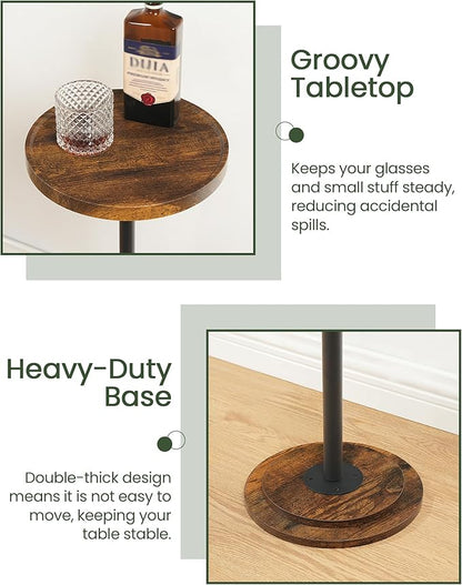 Small Round Side Table, Drink Table for Small Spaces, Pedestal Cocktail Table, Thickened Base, for Living Room, Bedroom, Office, Rustic Brown and Black TBZ30BF