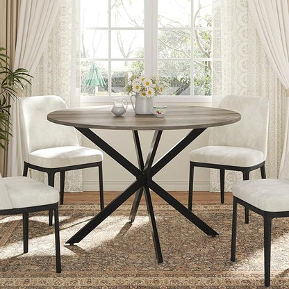 Unovivy 47" Round Dining Table for 4-6, Space Saving Circle Kitchen Dinner Table, Industrial Mid Century Modern Dining Room Desk for Kitchen, Apartment, Light Ivory