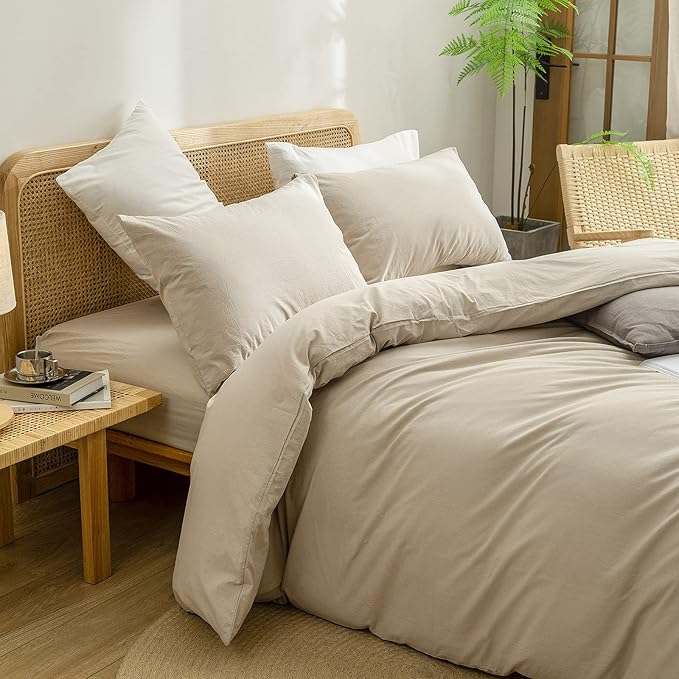 BESTOUCH Duvet Cover Set 100% Washed Cotton Linen Feel Super Soft Comfortable Chic Lightweight 3 PCs Home Bedding Set Solid Almond Milk Grey Super King