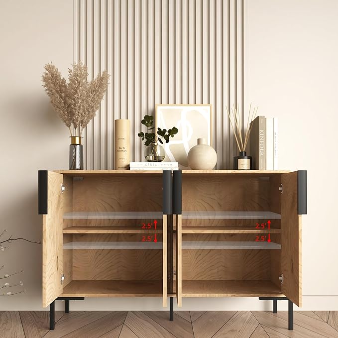 4 Doors Sideboard Buffet Cabinet with Adjustable Shelves, Modern Accent Sideboard with Golden Legs, Wide Storage Cabinet for Kitchen, LivingRoom,Natural