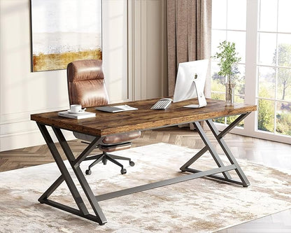 LVB Rustic Computer Desk, Metal Wood Home Office Desk, Industrial Simple Study Executive Desk for Writing Work, Wooden Student Gaming Computer PC Table with Storage for Bedroom, 55 Inch, Rustic Brown