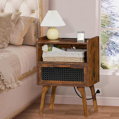 Lerliuo Rattan Nightstands Set of 2 with Charging Station, Boho Side Table with Drawer Open Shelf, Cane Accent Bedside End Table with Solid Wood Legs for Bedroom, Dorm and Small Spaces (Brown)