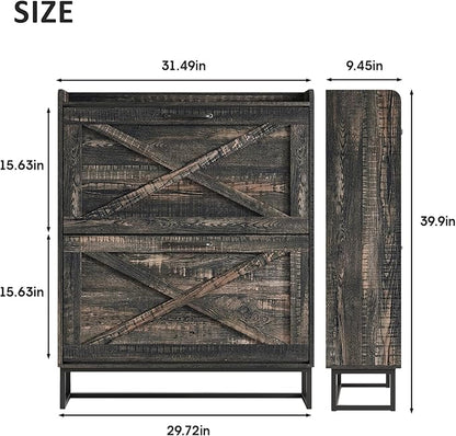 Maupvit Shoe Storage Cabinet with 2 Flip Drawers, Freestanding Organizer with Metal Legs for Entryway, Narrow Shoe Rack Cabinet, Dark Rustic Oak